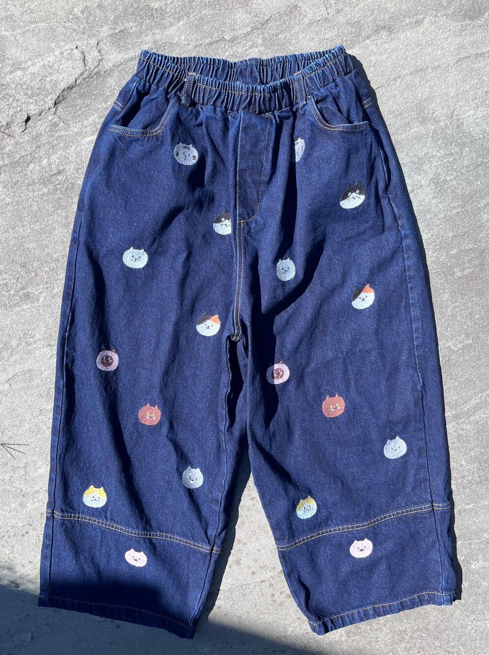 Vegetable Table Cat Embroidered Denim Crop Pants Balloon Jeans Blue Small